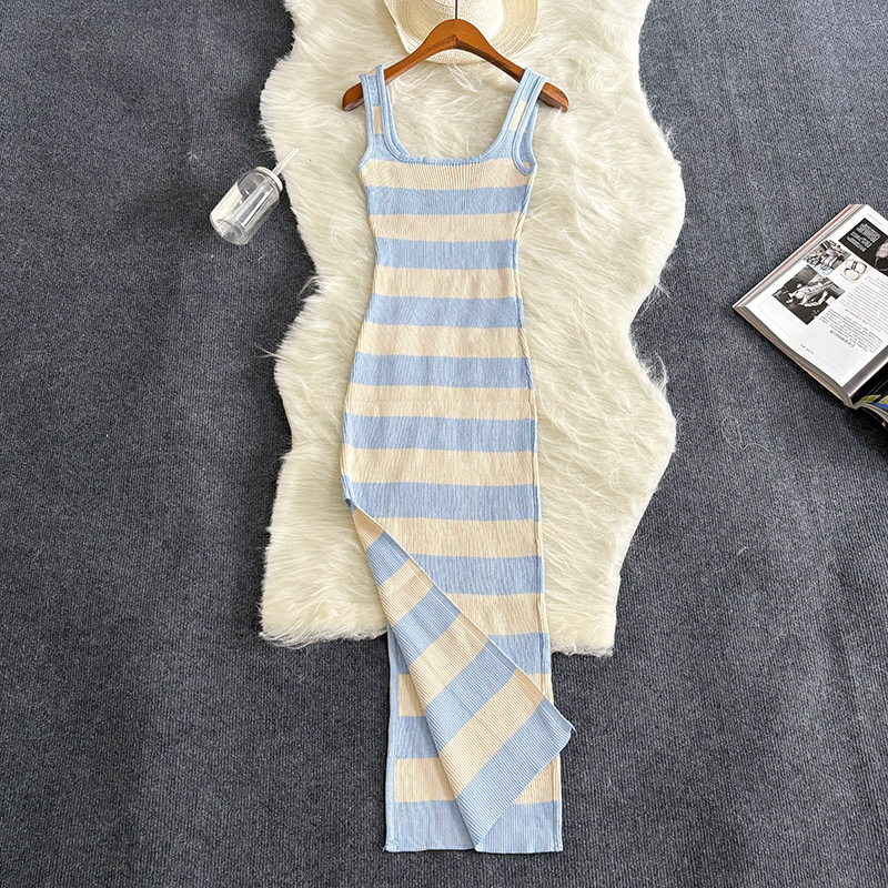 Stribet sommer elastisk split bodycon kjole sexet strandferie sommerkjole kvinder afslappet slank blyant vestidos maxi lang kjole