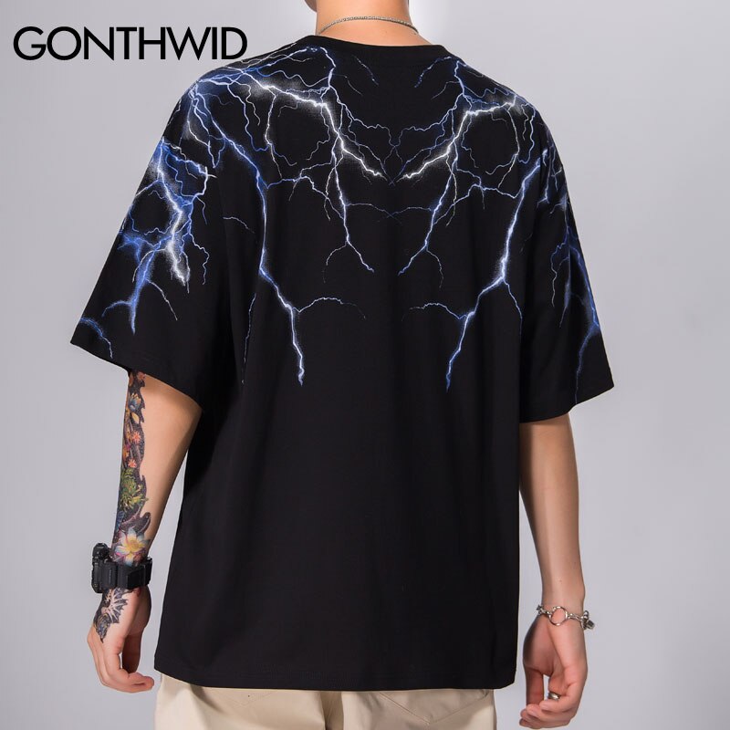 GONTHWID Hip Hop Lightning Print Short Sleeve T Shirts Streetwear Hipster Casual Punk Rock Tees Shirts Harajuku Men Tops