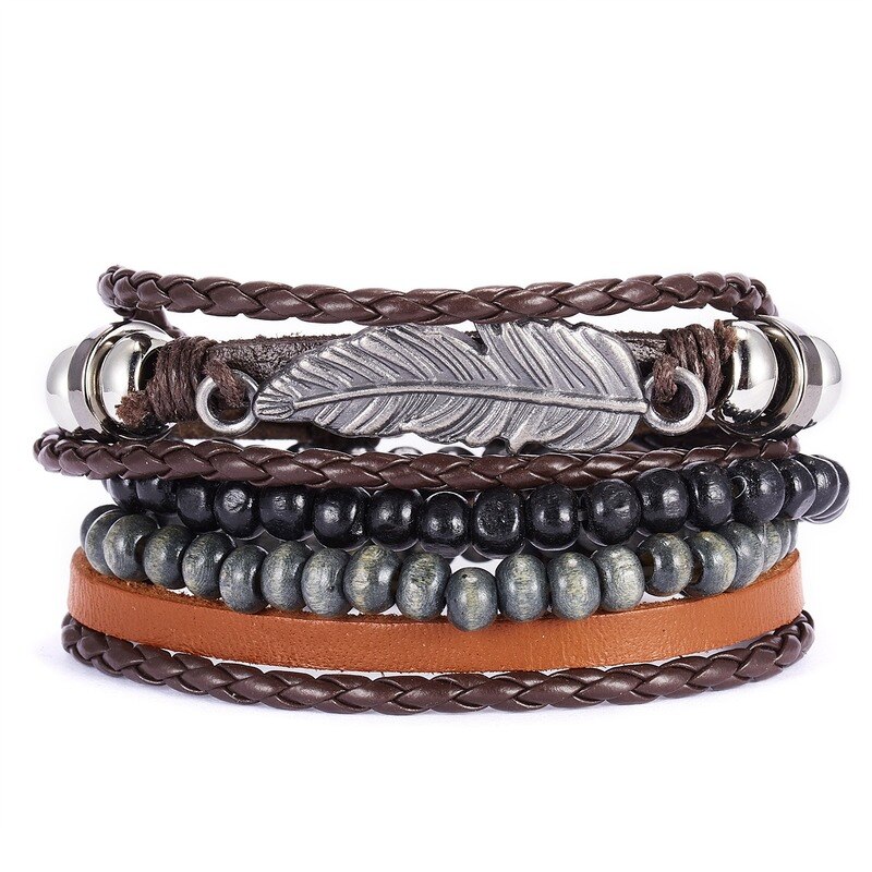 Accessoires de main rétro pour hommes, ensemble réglable en cuir tricoté croisé, Bracelet accessoires pour main, 5 pièces