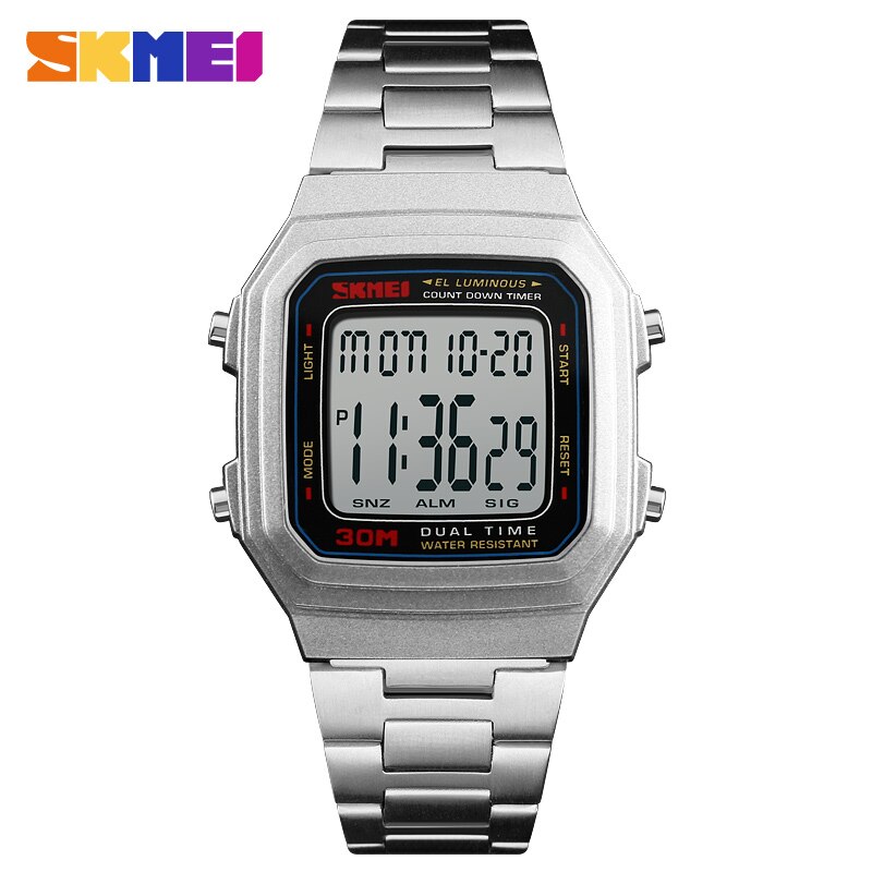 Skmei Sport Heren Horloges Digitale Horloge Countdown Waterdichte Rvs Led Horloges Relogio Masculino 1337: Silver