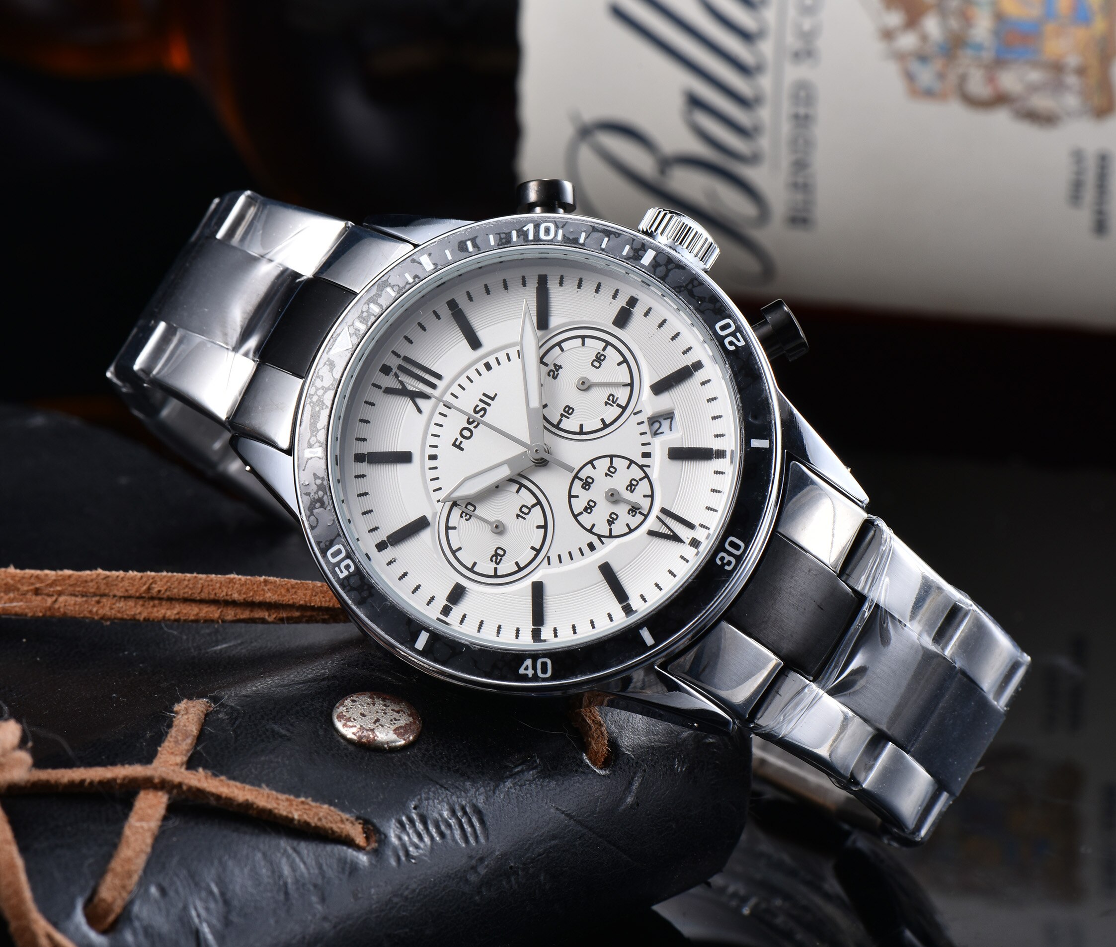Fossil relógio masculino cronógrafo médio e preto aço inoxidável relógio masculino topo da marca de luxo: 1