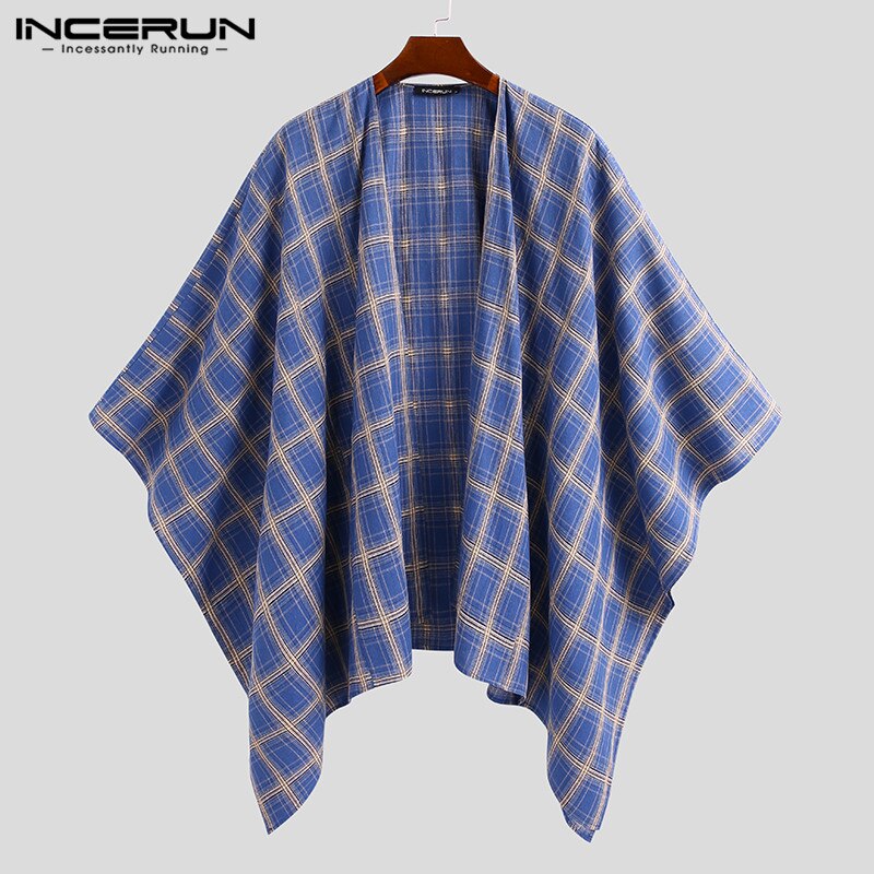 INCERUN, camisa Vintage para hombre, capa a cuadros, puntada abierta, ropa informal suelta, prendas de vestir exteriores , Kimono, Tops, cárdigan de capa Irregular para hombre