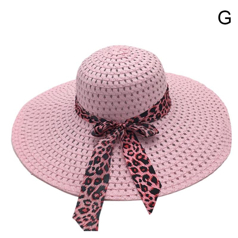 Chapeaux de Protection solaire pour femmes, couvre-chef de plage en paille fait à la main, style Boho décontracté, nœud papillon léopard, à large bord, été,