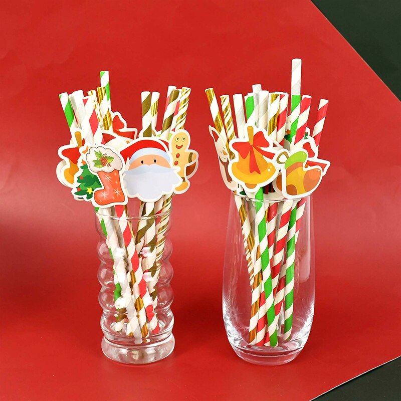 10pcs/set Santa Claus Snowman Elk Paper Drinking Straws Christmas Party DIY Paper Straw Tableware Year Party Decor Supplies