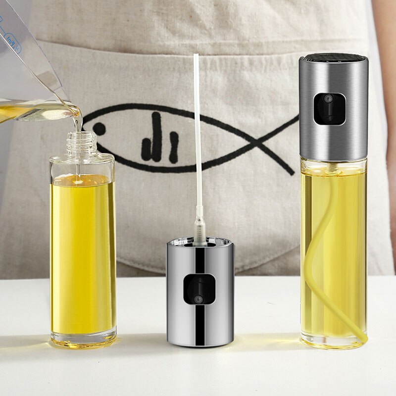 Stainless steel Sprayer Oil Bottle Leak-proof Nozzle Type Oil Can Press Oil Bottle Dispenser Kitchen BBQ Cooking Glass Oil Spray