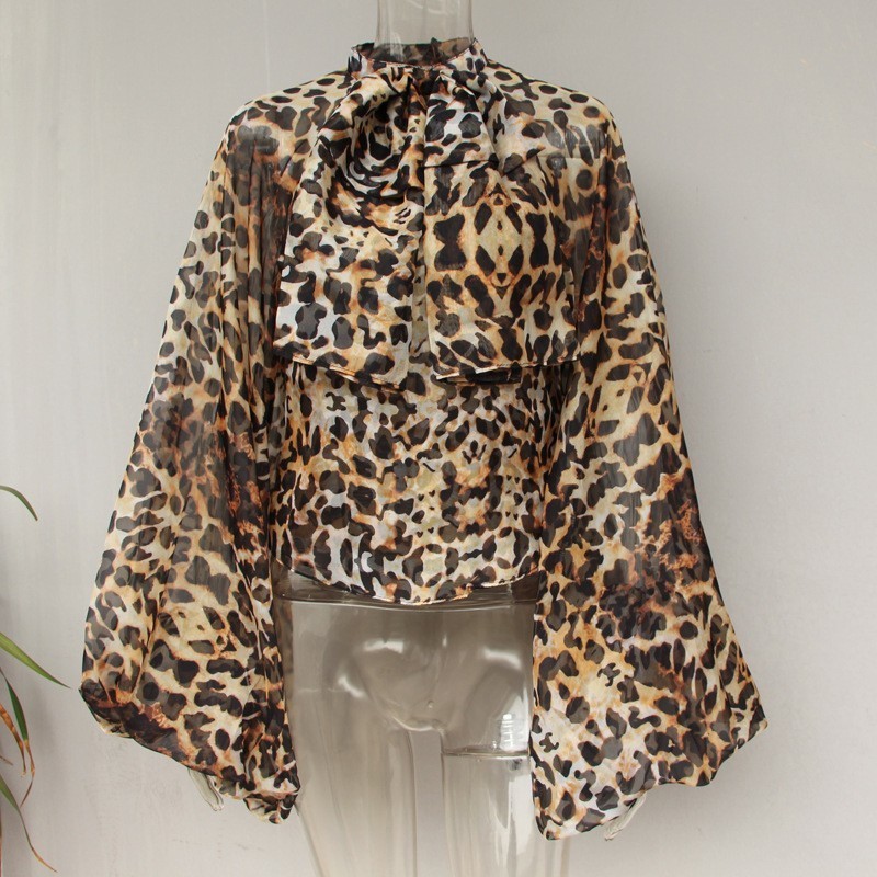 TWOTWINSTYLE perspectiva camisas blusa mujer linterna manga Bowknot encaje blusa Tops mujer ropa nueva: leopard / L