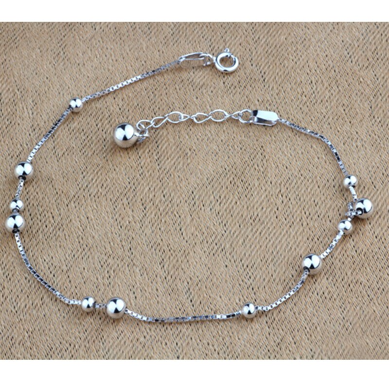 Echt Echt Puur Massief 925 Sterling Zilveren Enkelbanden Voor Vrouwen Strand Sieraden Bohemian Ronde Bal Kralen Vrouwelijke Voet Enkelband Ketting