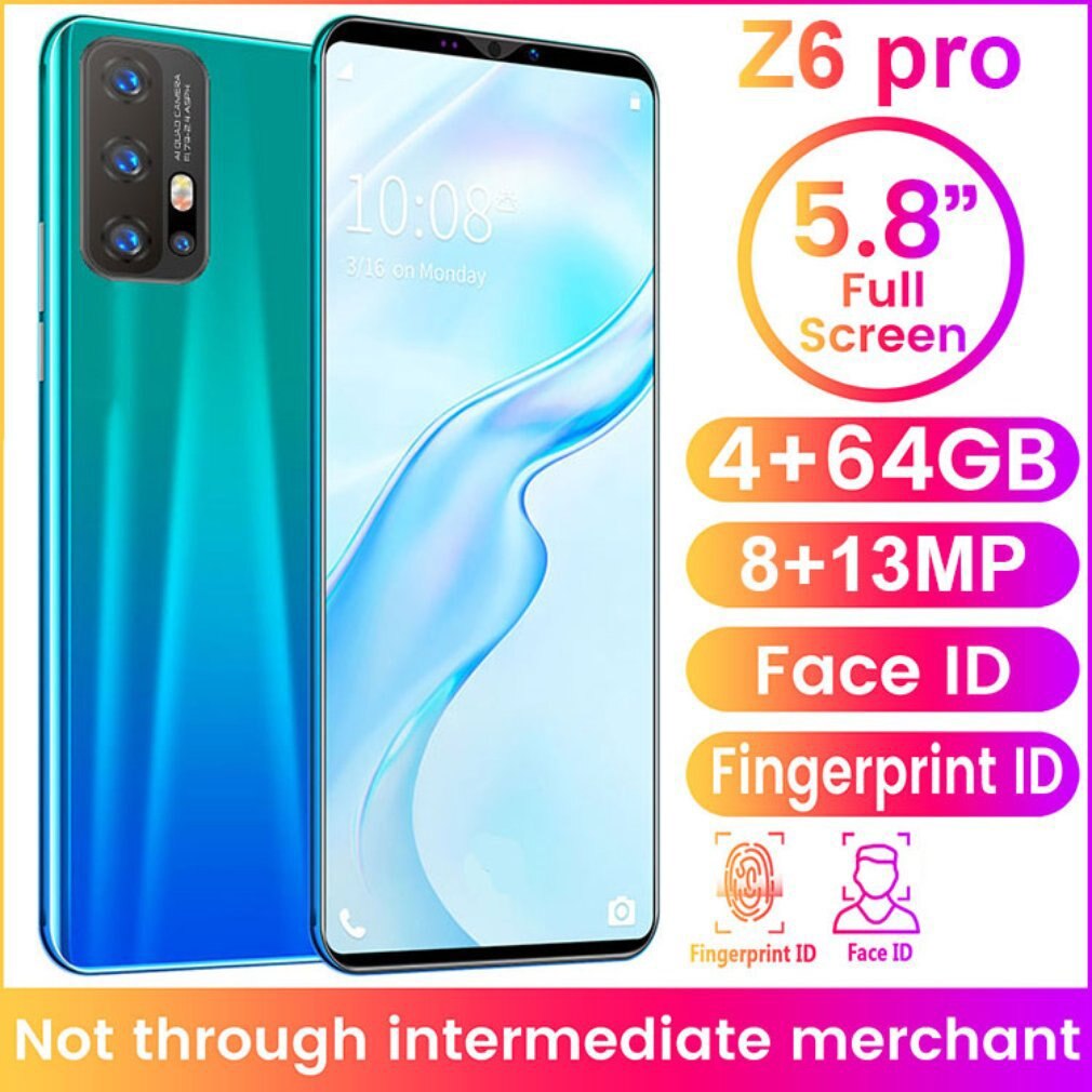 Z6 Pro Smartphone 5.8 Inch Screen Smartphone 512M+4G Android Smartphone 3D Glass Plated Back Cover Blue