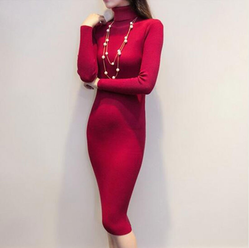 Vestidos zur Seite fahren Kleid Frauen Gestrickte Winter Langarm Kleid Femme Rollkragen Schwarz Kleid warm Herbst Frauen Kleidung AC700: rot Wein / M