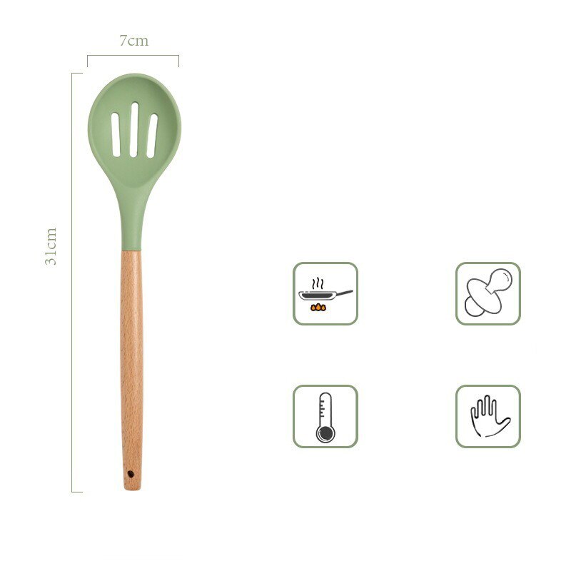 Avocado Green Silicone Utensils Cooking Kitchenware Tool Set With Wooden Handle Non-Stick Spatula Ladle Egg Beaters Shovel: J