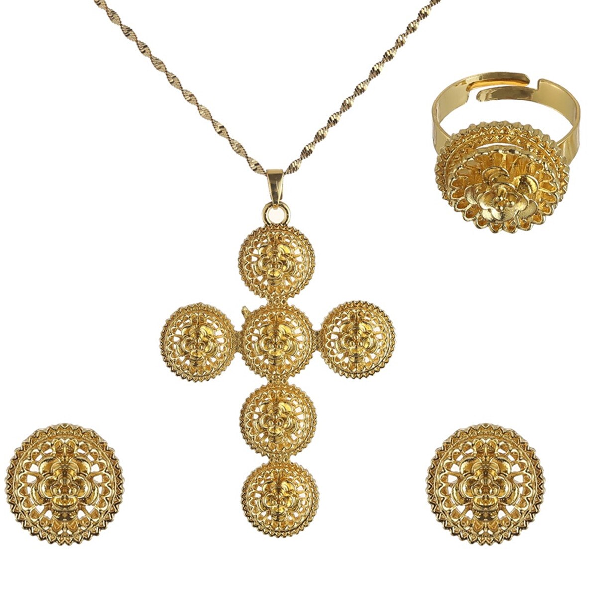 Goud Kleur Ethiopische Ketting Oorbellen Ring Ethiopië Eritrea Habesha Wedding Cross Sieraden Sets Voor Vrouwen Party