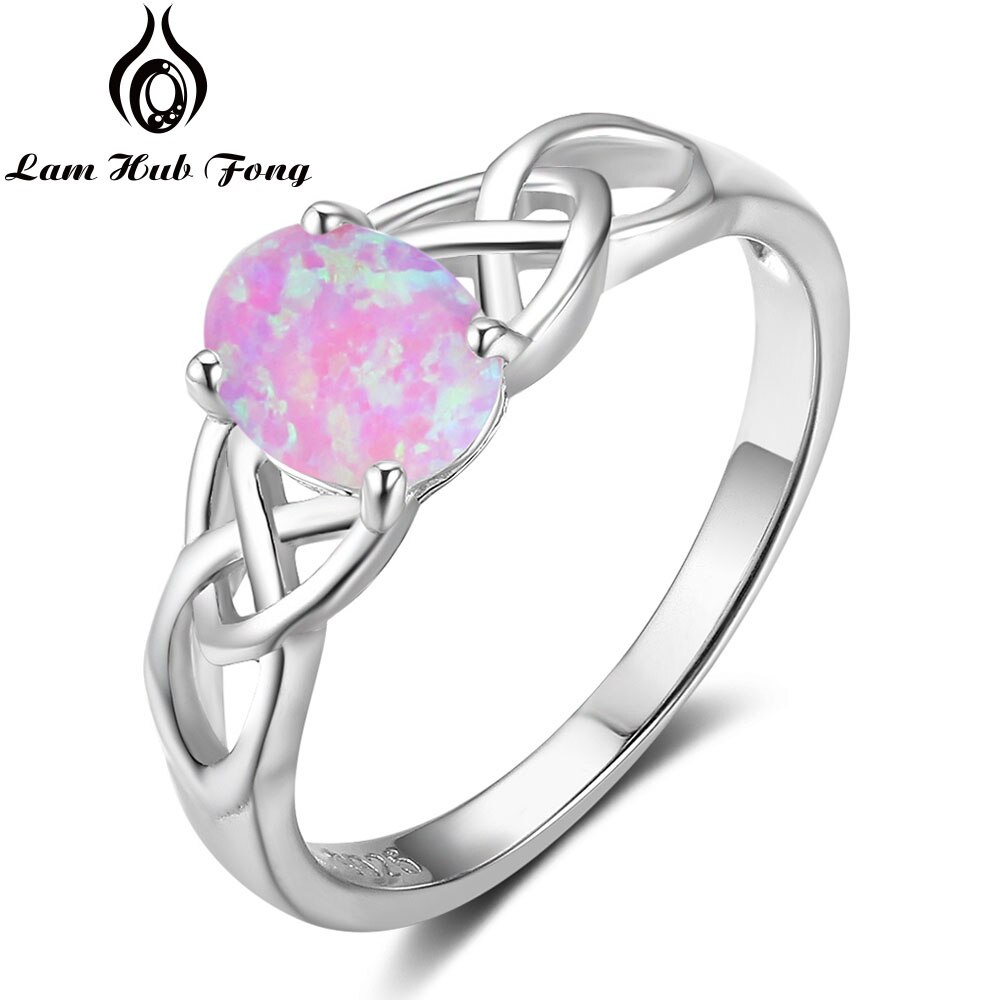 925 Sterling Silver Braided Ring with Oval White Pink Blue Opal Stone Wedding Engagement Rings for Women (Lam Hub Fong): 6 / Pink Opal