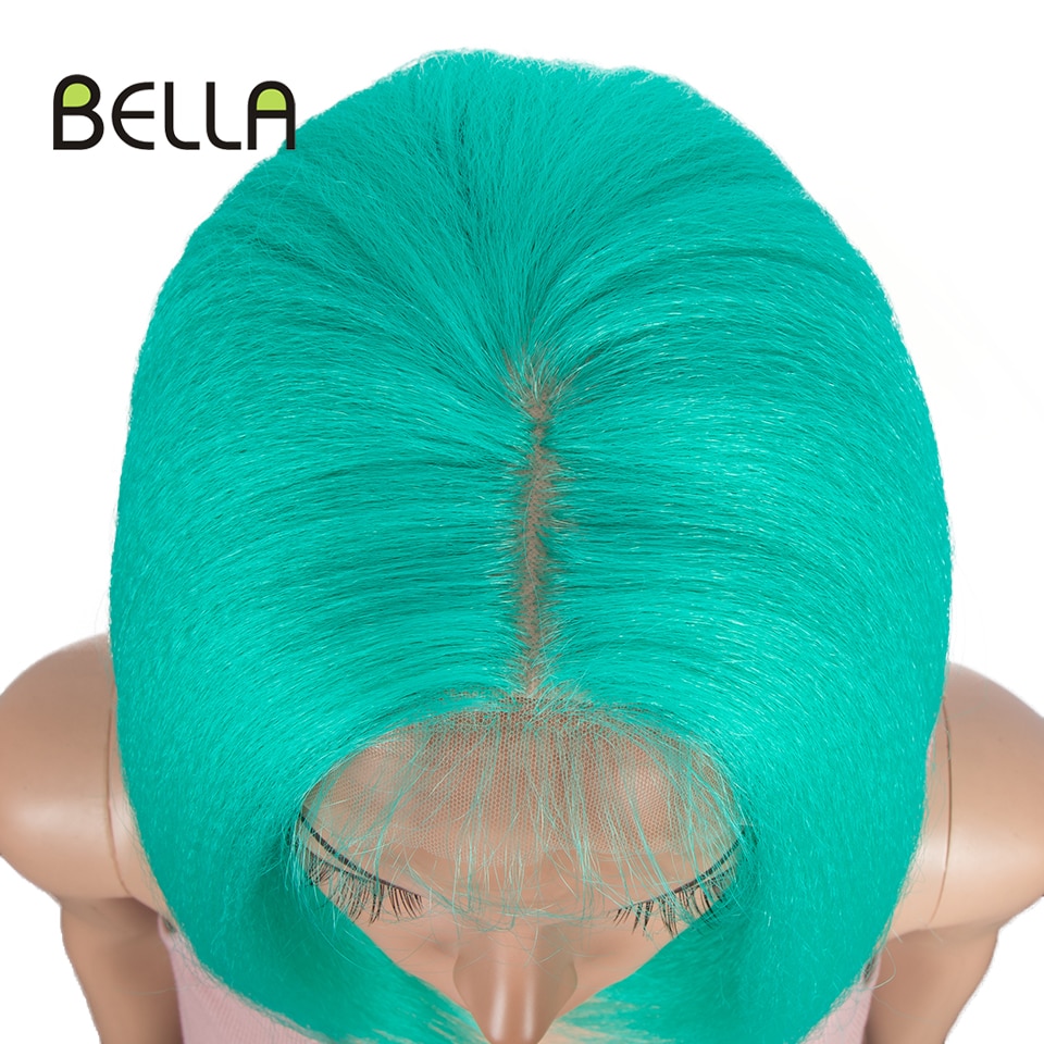 Bella Korte Bob Pruik Synthetische Lace Pruik Groen Blonde Bob Haar Cosplay Groene Tiffany Yaki Straight 4*4 Kant pruiken Voor Vrouwen Cosplay