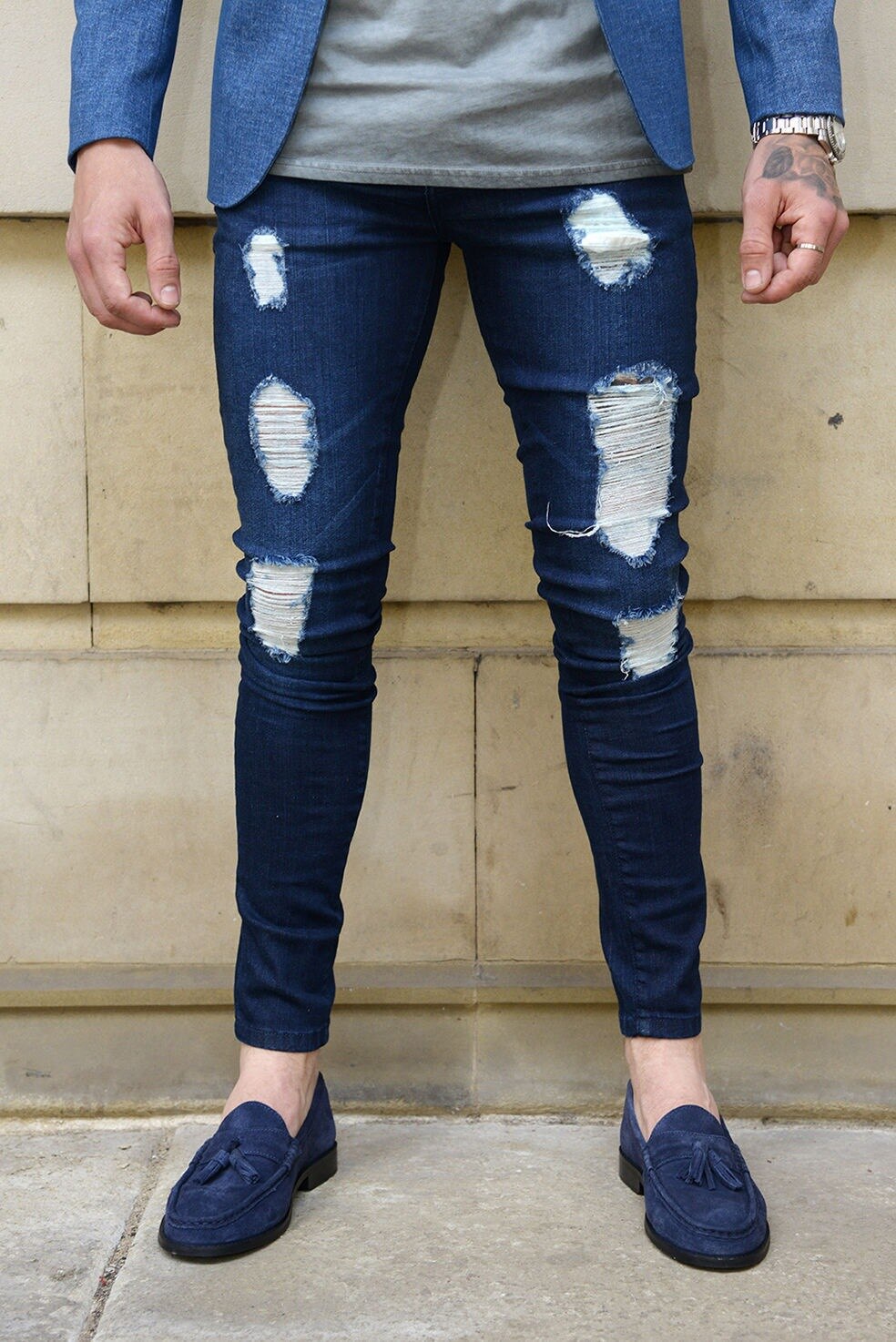 Duoweer-pantalones vaqueros rasgados para hombre, Jeans ajustados con lazo en el tobillo, ropa de calle informal, elásticos de tiro bajo, lápiz rascador: XXXL