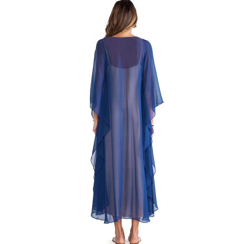 Plus size blauwe geborduurde zomer strandkleding chiffon kaftan strand vrouw tuniek badjurk badjas strand badkleding cover-up  #q975