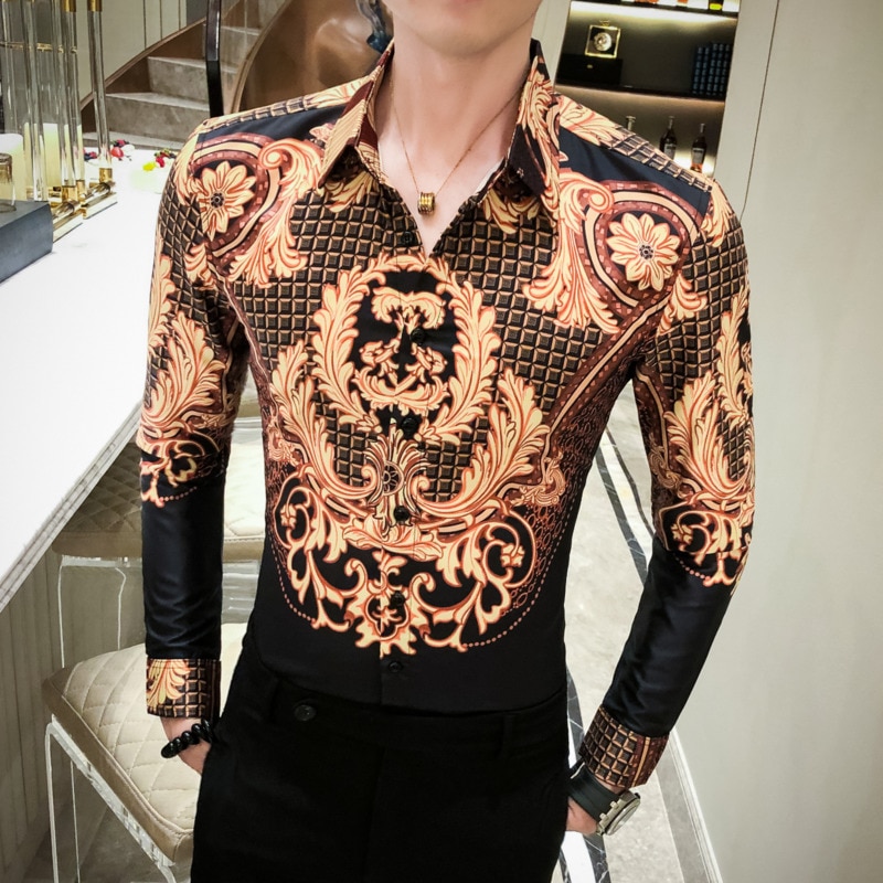Black Gold Baroque Shirt Men Slim Fit Camisas Para Hombre Paisley Pattern Shirt Men Camisa Social Masculina Long Sleeve Shirt