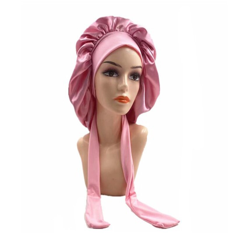 Women Night Sleep Cap Satin Solid Sleeping Hat Hair Care Bonnet Nightcap Unisex Head Cover Caps Shower Turban Wide Elastic Band: Rose Gold
