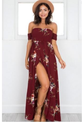 Lange jurk dames off shoulder strand zomerjurken bloemenprint vintage chiffon witte jurk vestidos de festa: Rood / Ik