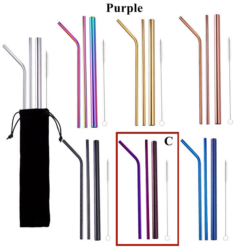 4pcs Stainless Steel Straws Eco-friendly Straw Reusable Drinking Straws with Clean Brush Coffee Milk Tea Straw Bar Home Tools: Purple C