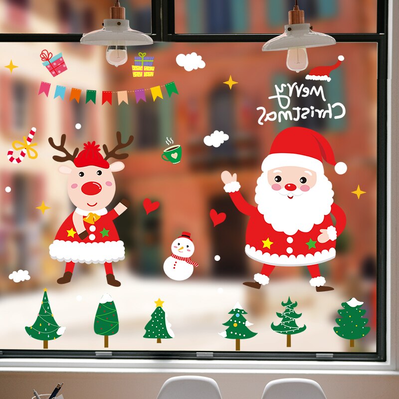 [shijuekongjian] Father Christmas Window Stickers DIY Deer Tree Wall Decals for Living Room Shop Glass Year Decoration