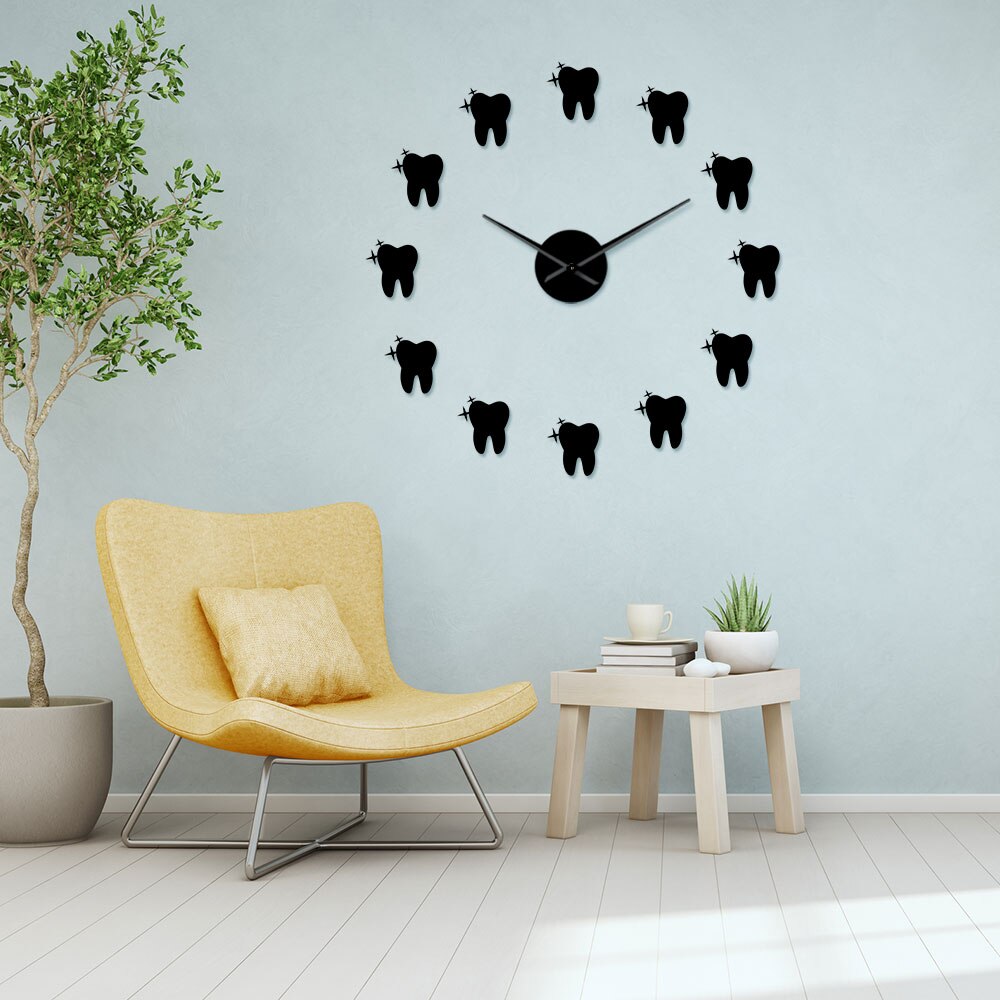Teeth 3D Mirros Stickers Modern Tooth Style DIY Large Wall Clock Dental Office Wall Decor Silent Non Ticking Big Clock