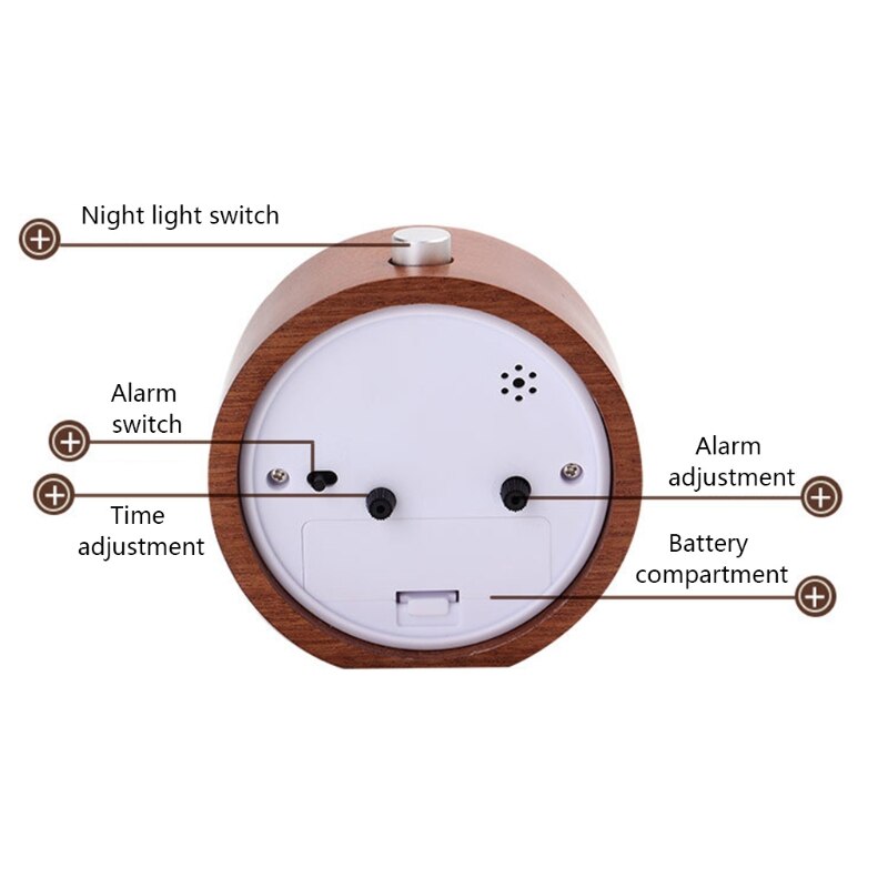 Round Wooden Desktop Alarm Clock with Night Light Simple Table Timing Equipment Digital Room Home Decor