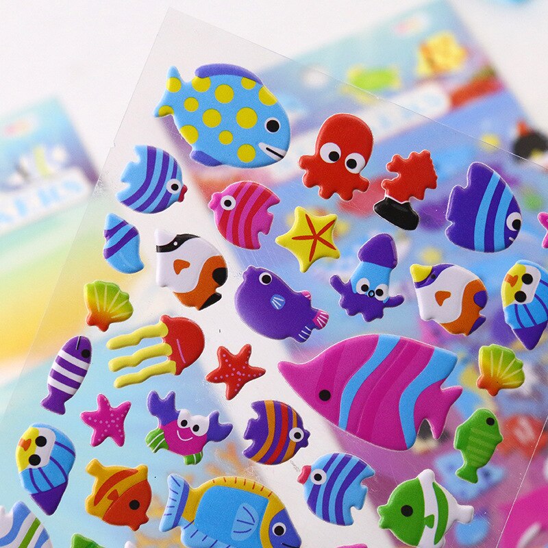 4 vellen/set stickers met zeedieren, cartoonvissen, schattige stickers met 3d bubbels, plakboek voor jongens- en meisjeskamerdecoratie