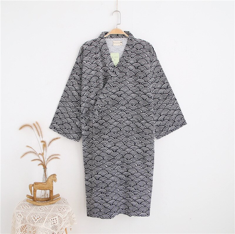 2022 män& #39 ; s 100%  bomullsgaze bomullsrock lös tunn yukata japansk kimono pyjamas herr & #39 ;s huvrock v-ringad pyjamas badrock: Svart / M