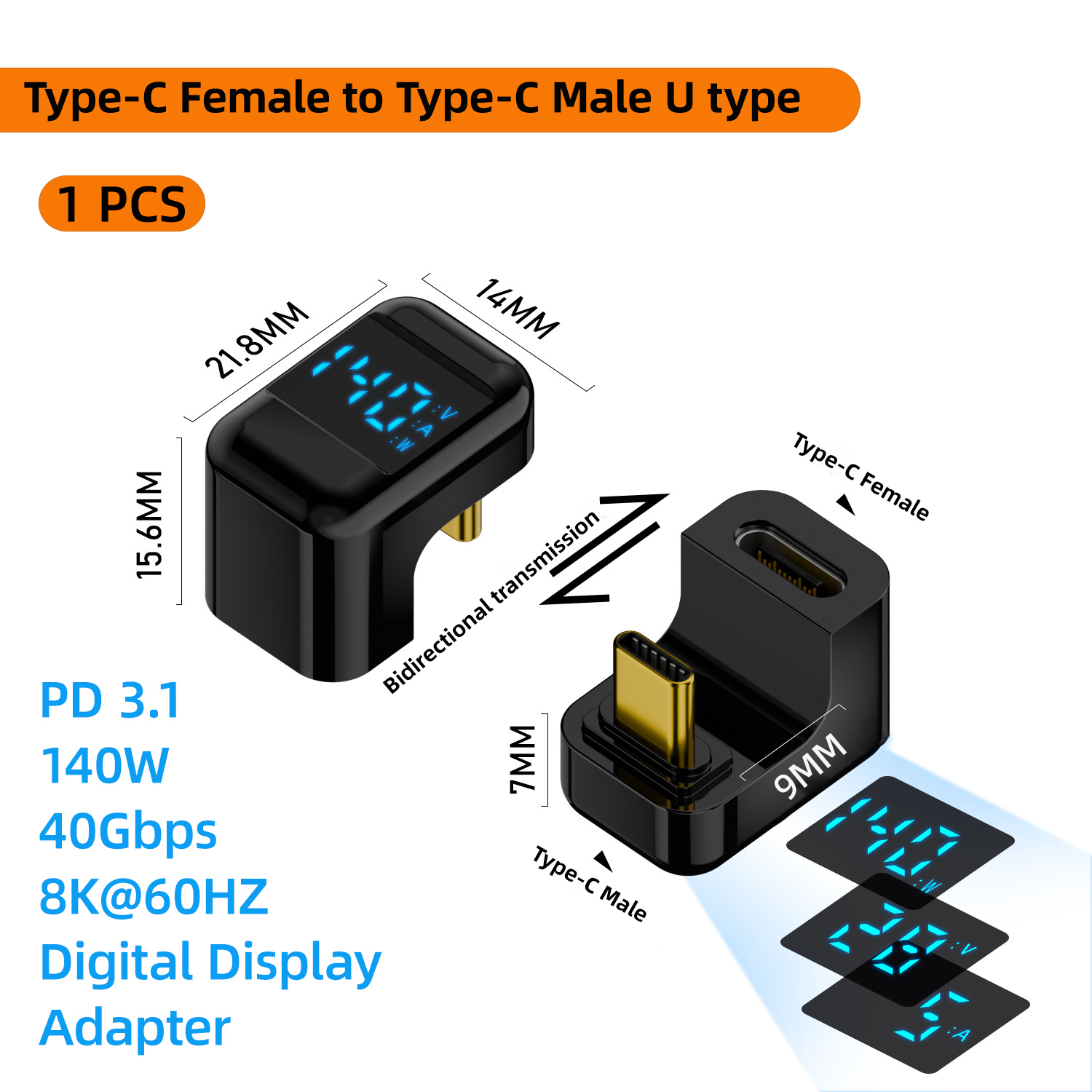 NNBILI 90 Degree USB C Adapter Right Angle U Shape Type C Adapter 40Gbps Data Transfer PD 140W USB4.0 8K 60Hz for Thunderbolt: Rose Gold