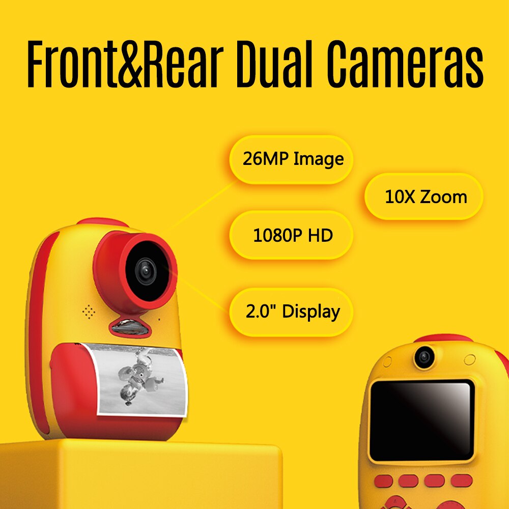 Digital Kids Camera for Girls and Boys Instant Print Cameras Built-in Lithium Battery Dual Camera Lens 26MP 1080P HD Resolution