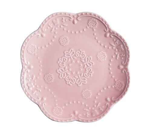 European Style Flat Plate-6&quot;8&quot;10&quot;Western Steak Plate -Embossed Round Shallow Plate Pure White Bone China Dessert Tray Home Acces: 8 inches-1pc-Pink