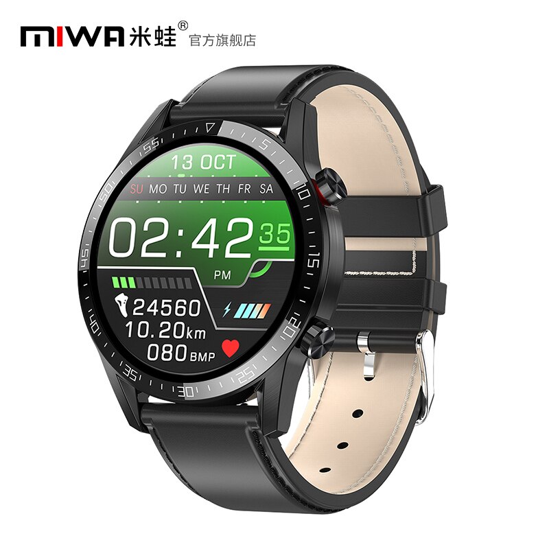 Miwa  l13 smart watch men  ip68 vandtæt ekg ppg bluetooth-opkald blodtryk puls fitness tracker sport smartwatch: Sort kohud