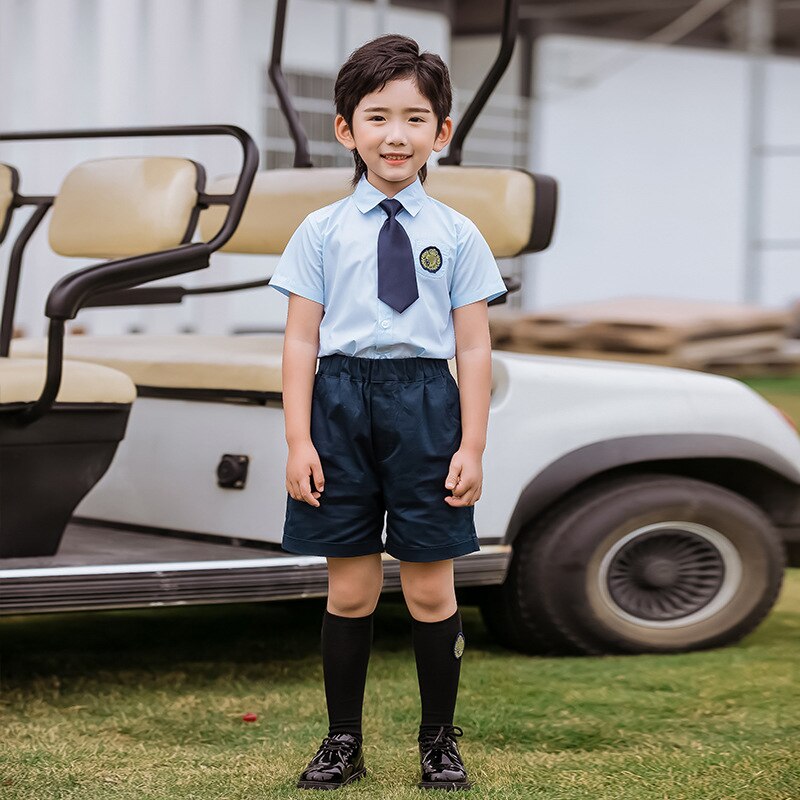 Uniforme escolar japonés coreano de algodón para niños y niñas, camisa azul, faldas plisadas, pantalones cortos, conjunto de ropa, traje para estudiantes