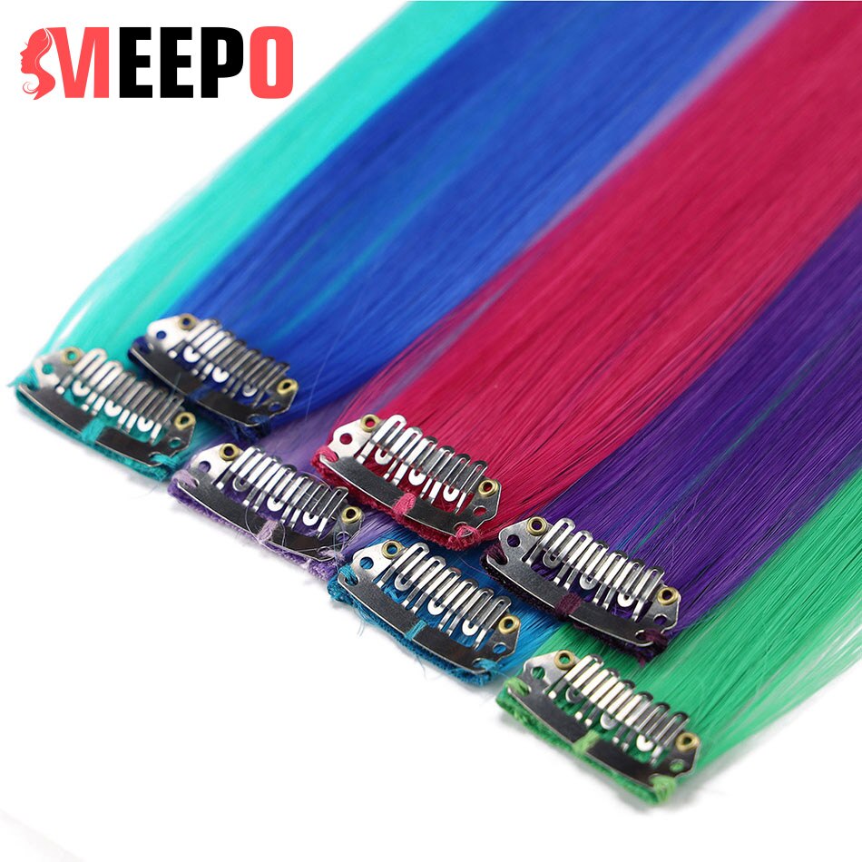 MEEPO Synthetic Hair Extensions 24 Inches Long Straight Hair 10Pieces/Set Colored Highlight Clip-In One Piece Pure Color