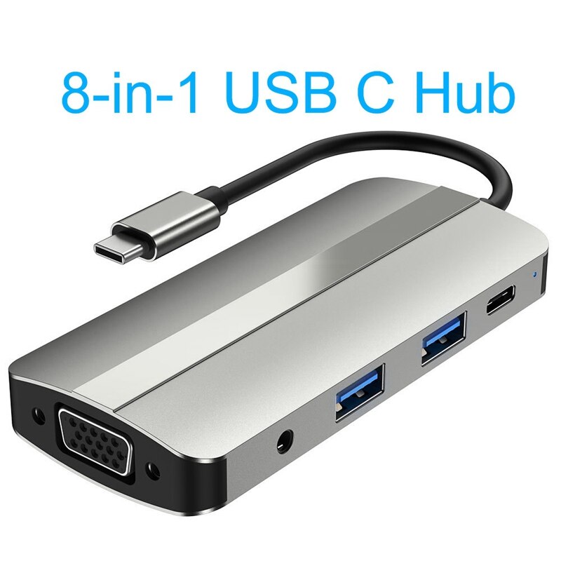 USB C Hub 8-in-1 USB C Adapter Dock mit Typ-C ZU HDMI-Kompatibel 4K + VGA + PD100W + SD + TF + Audio- + USB3.2 + USB 2,0 für