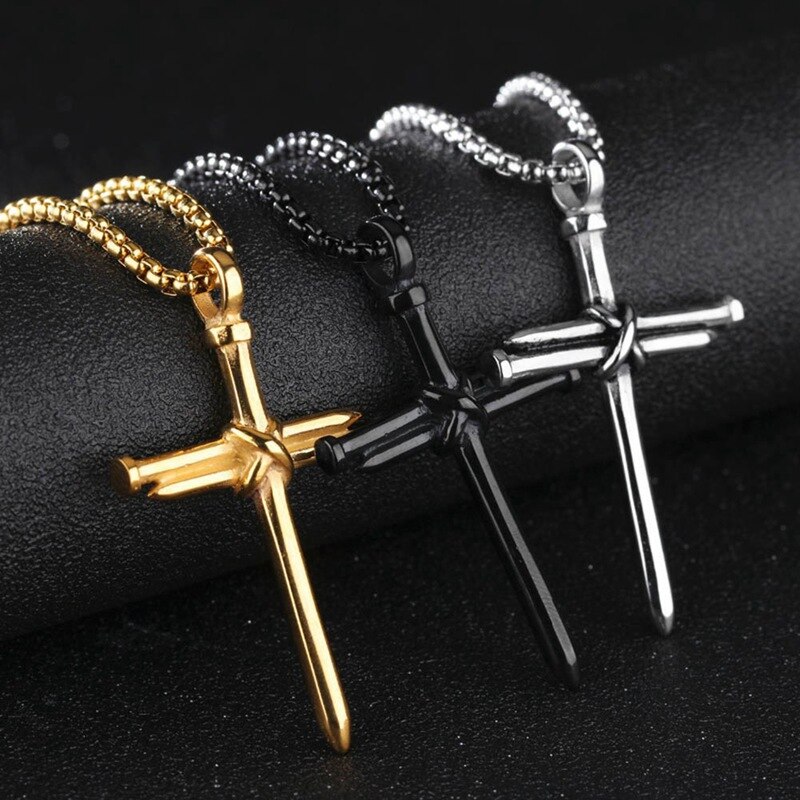 Männer Schmuck Edelstahl Nagel Seil Kreuz Anhänger Halskette