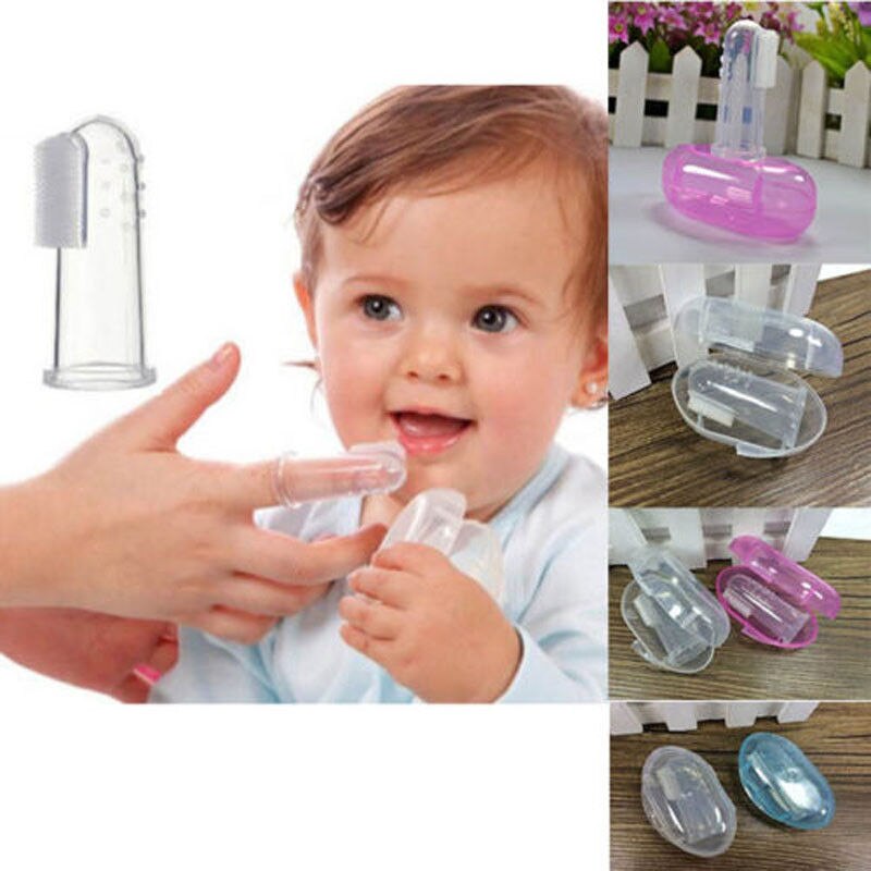 Draagbare Blauw Baby Vinger Tandenborstel Met Box Case 1Pcs Set Vinger Tandenborstel Voor Baby 'S