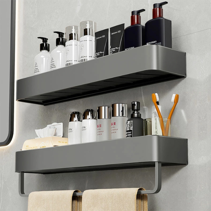Bathroom Shelf Convenient Punch-free Gray Wall-mounted Towel Rack Bathroom Household Items Bathroom Home Practical Storage Rack