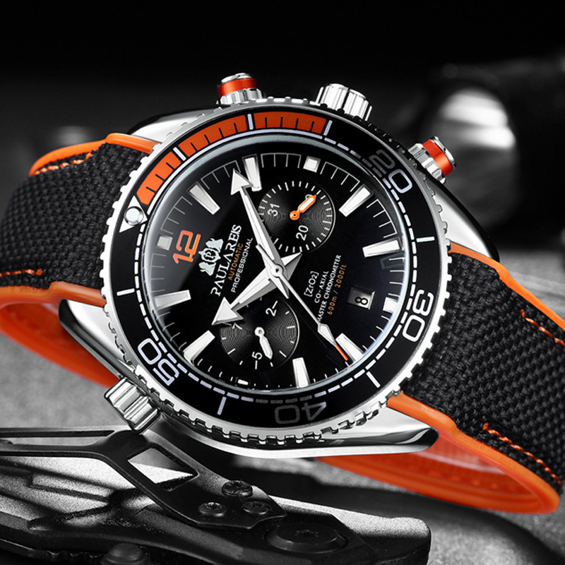 PAULAREIS P, reloj mecánico automático de lujo para hombre, correa de goma, resistente al agua, fecha luminosa, relojes de para hombre