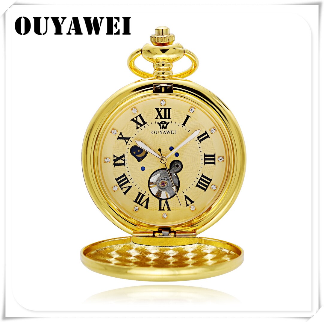 OUYAWEI Luxury Golden Moon Phase Mechanical Pocket Watch Roman Number Tourbillon Dial Pendant Chain Men Women: Gold