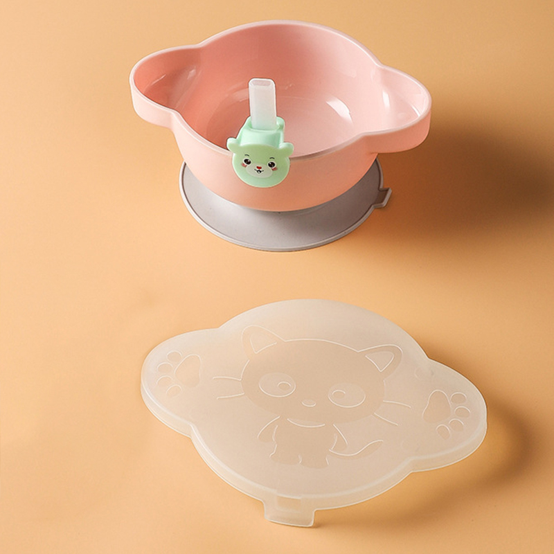 Vajilla de silicona para tazón para bebés, utensilios de alimentación sólidos para bebé, contenedores de almacenamiento de alimentos, juegos de plato de bebé: pink with straw