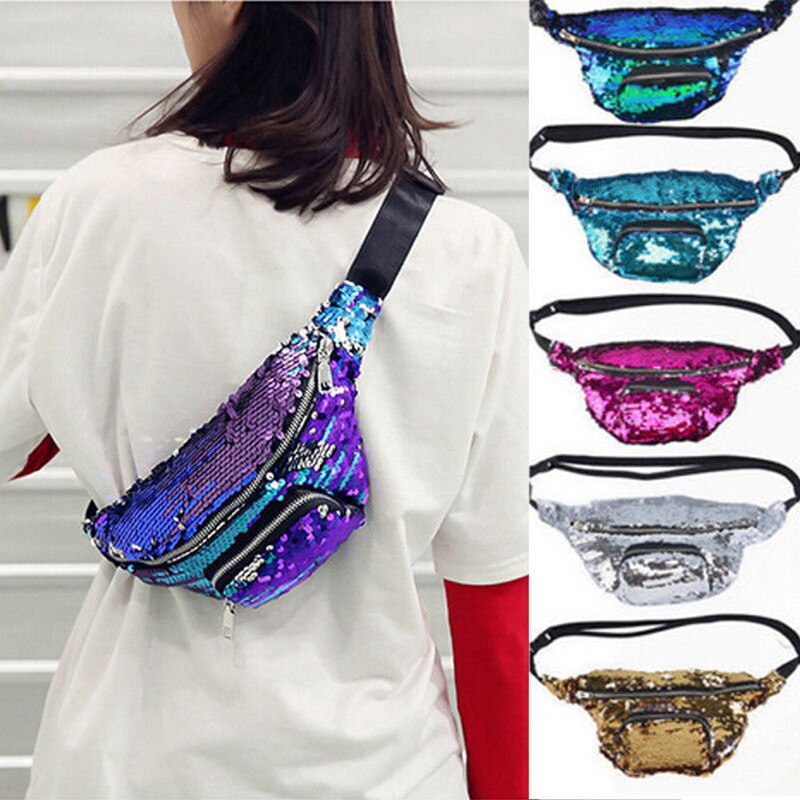 Women Waist Packs Girls Sequins Glitter Bag Fanny Pouch Hip Purse Satchel Chest Casual Ladies Handbags