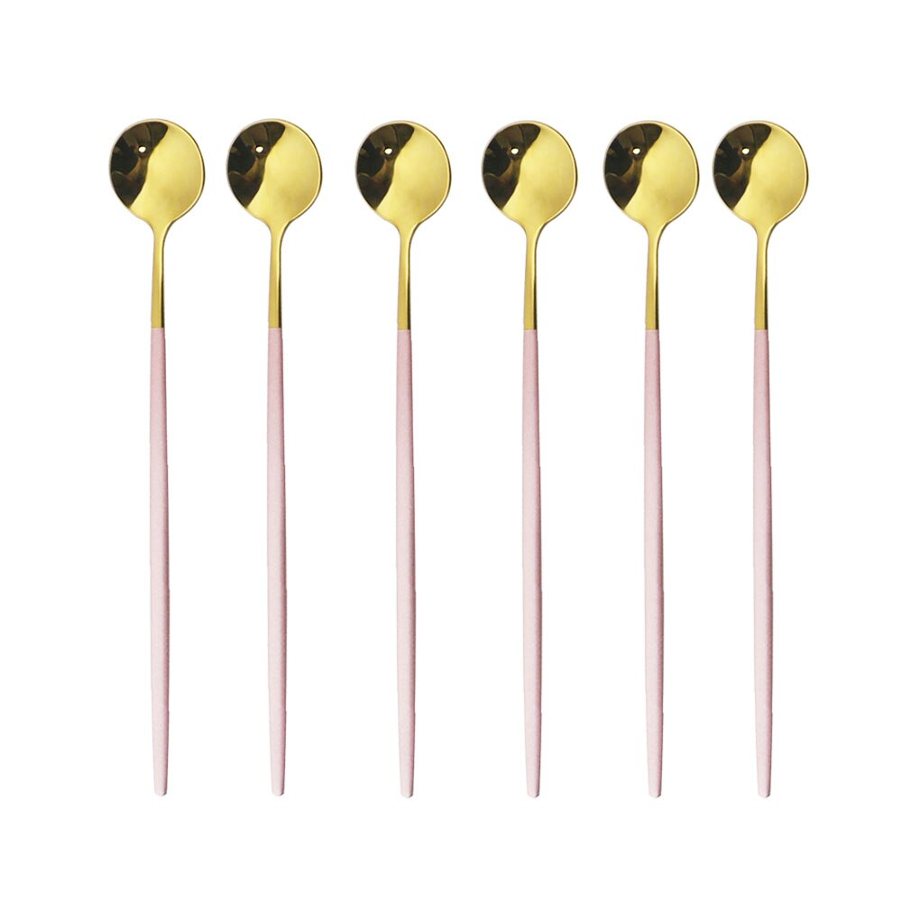6Pcs Rainbow Long Hangdle Spoon For Polished Stirring Drink Dessert Ice Cream Spoon Cutlery Flatware Steainless Steel Tableware: Pink Gold