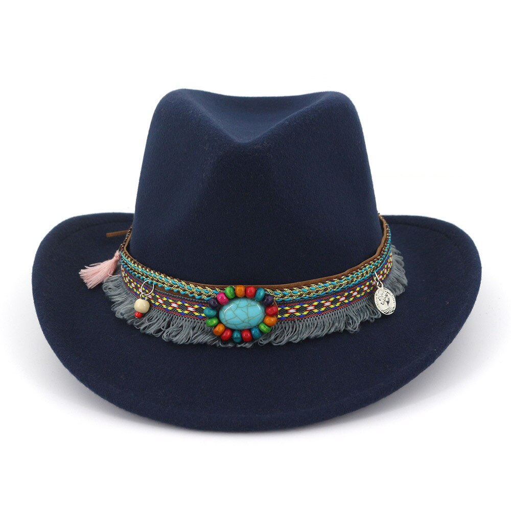 Sombrero de lana ahuecado para mujer, Sombrero de cowboy del oeste, con ala ancha enrollable, capucha, Sombrero ecuestre de Jazz con cinta de estilo nacional AD0853: Navy