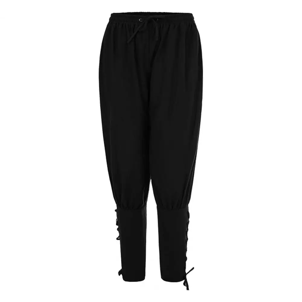 Adult Men Medieval Pirate Pants Linen Horseman Knight Costume Loose Leggings Black Navigator Leg Bandage Trouser: XL / black