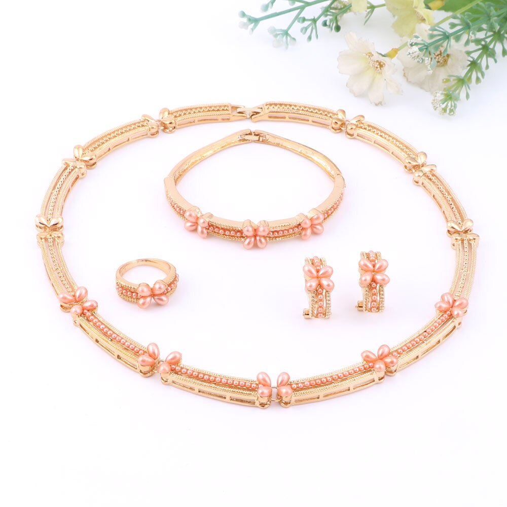 Vrouwen Goud Kleur Sieraden Sets Afrikaanse Kralen Verklaring Choker Ketting Oorbellen Armband Ring Bruiloft Accessorie: set