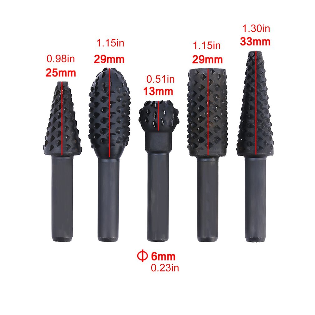 5Pcs Steel Rotary Rasp File 1/4" Shank Rotary Craft Files Rasp Burrs Wood Bits Grinding Power Woodworking Hand Tool