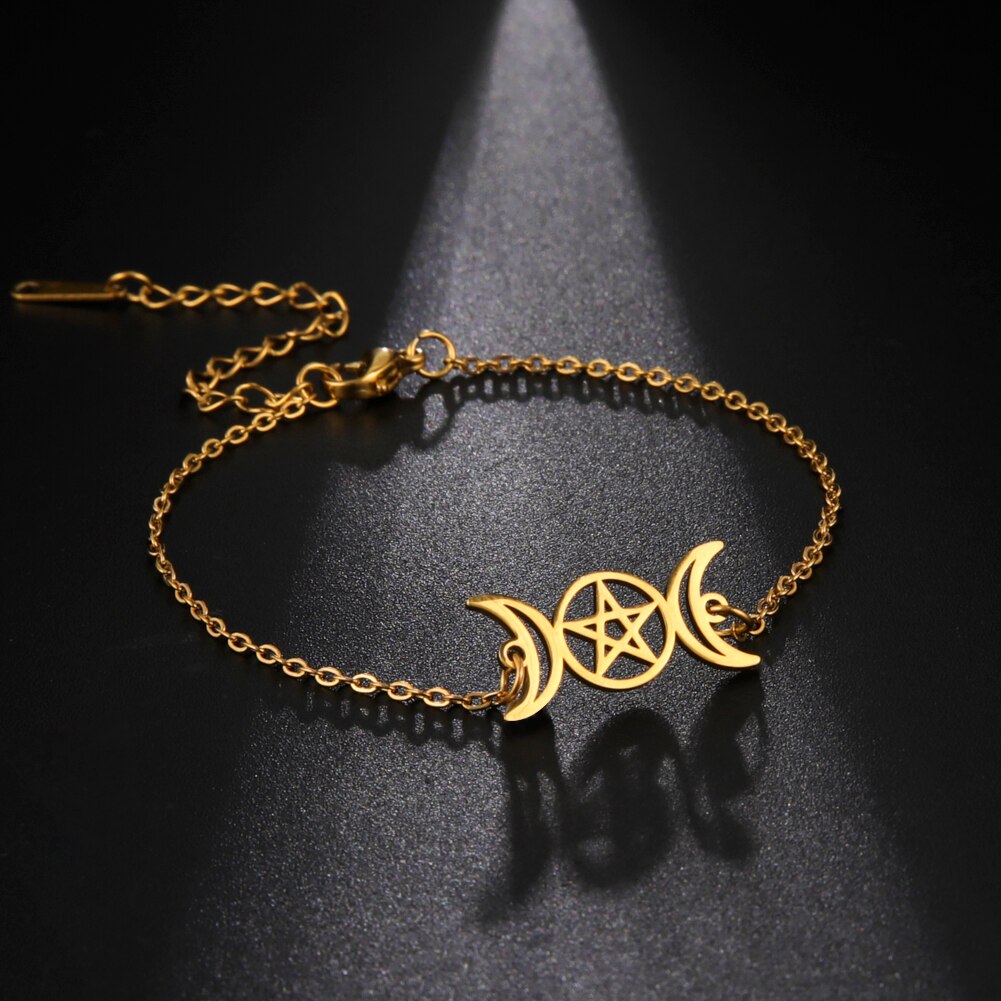 COOLTIME Triple Moon Goddess Bracelet for Women Men Stainless Steel Pentagram Magic Wicca Amulet Bracelet Jewelry Birthday