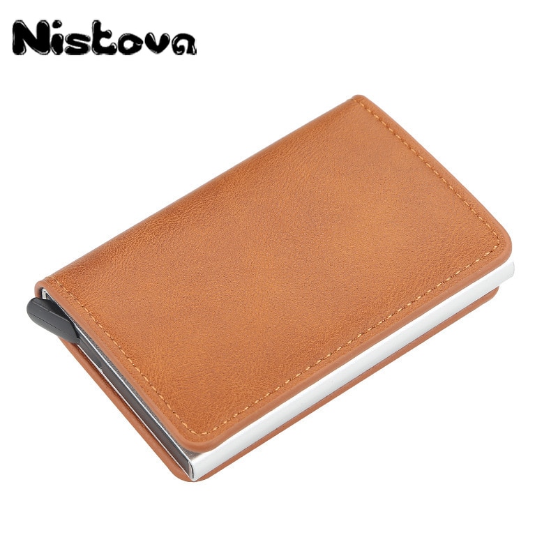 Nistova PU Leather Automatic Pop-up Business Card Card Holder RFID Vintage Aluminium Box Metal Crazy Horse Wallet Steel Wallet