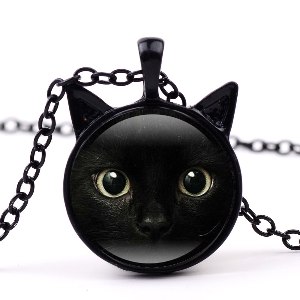 painting black cat Necklace for pet lovers Cat Pendant with two ears Jewelry Glass Cabochon girl's for her